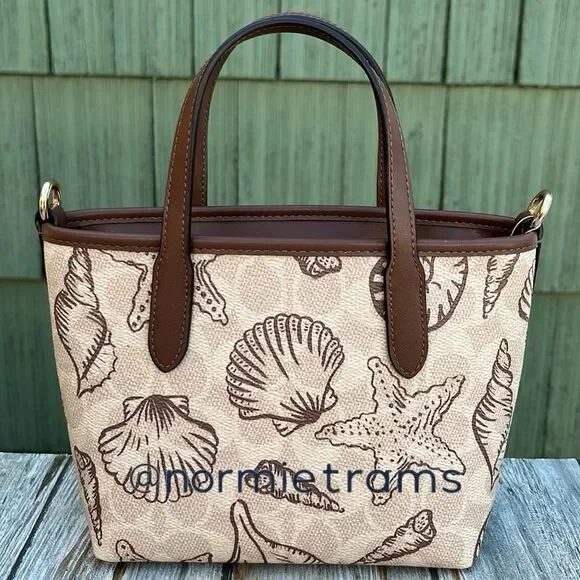 City Mini Tote Bag In Signature Canvas With Shell Print Crossbody Purse Beach